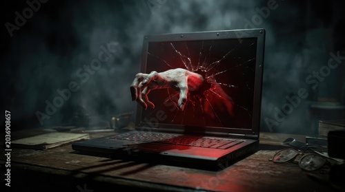 A laptop displays a white hand floating beneath a glowing red orb on its screen.