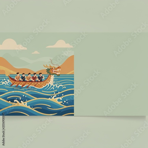 Traditional Dragon Boat Race Vector Illustration with Rowers Navigating Stylized Ocean Waves