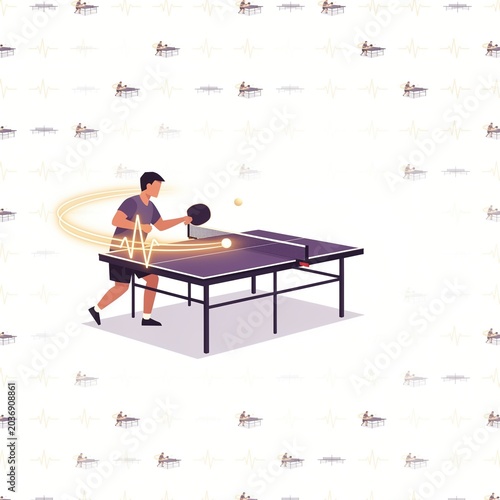 Isometric illustration of a man playing table tennis with a heartbeat pulse line symbolizing fitness and health