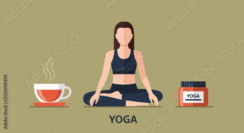 Photos A woman sits in a meditative yoga pose between a steaming cup of tea and a labeled jar, highlighting a healthy and balanced lifestyle