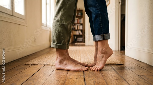 A tender moment of intimate connection as two people stand bare-footed on a warm wooden floor, representing a profound bond and quiet affection