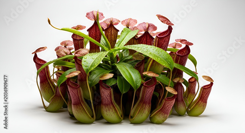 Realistic photo of pitcher plants with unique shapes, natural colors, green leaves, and exotic hanging pitchers.