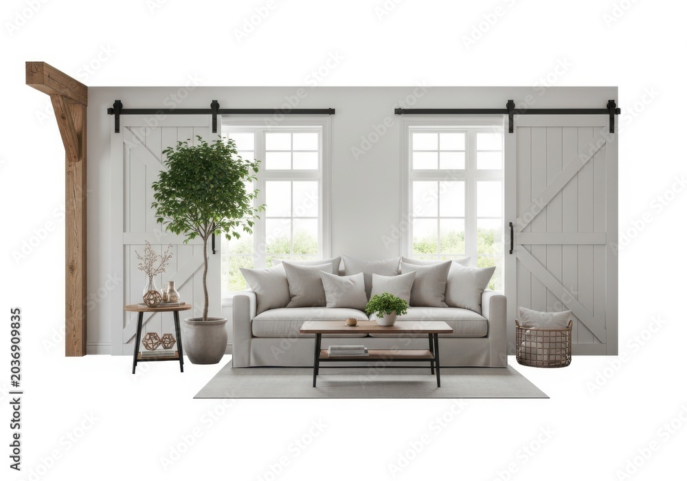 Fototapeta premium Modern living room with sliding barn doors and cozy sofa