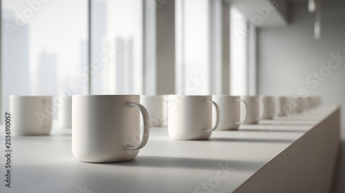 Monochromatic Row of White Mugs on a Shelf