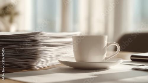 Coffee Cup on Desk Beside Stack of Papers, Office Work