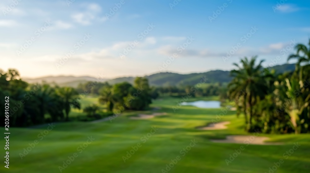 Fototapeta premium Beautiful Expansive Golf Course with Lush Green Fairways, Tranquil Lake, and Scenic Hills Under a Soft Sky