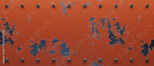 Obraz na plátně Peeling orange paint on rusty metal texture background with rivets
