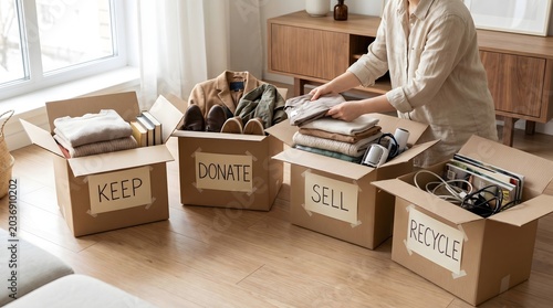 Mindful decluttering process Individual sorts personal belongings into 'Keep,' 'Donate,' 'Sell,' and 'Recycle' boxes, fostering sustainable living and a tidy home environment