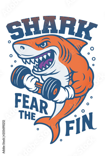 Angry muscular shark lifting dumbbells fitness mascot logo.