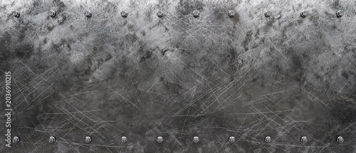 Foto Dark grunge scratched metal texture background with iron rivets.