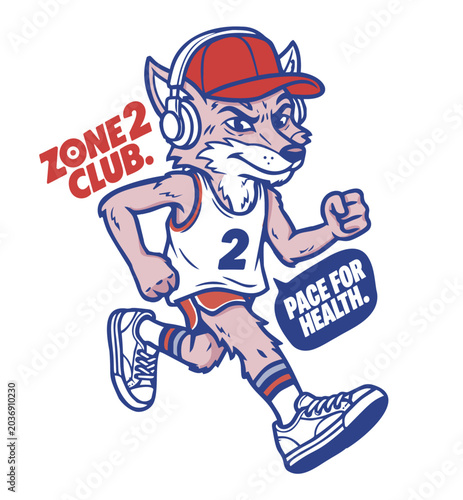 Running wolf wearing cap and headphones sports mascot logo.