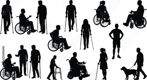 Obraz na płótnie Vector silhouettes of disabled people with wheelchairs crutches prosthetic leg w