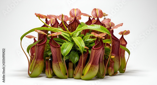 Realistic photo of pitcher plants with unique shapes, natural colors, green leaves, and exotic hanging pitchers.