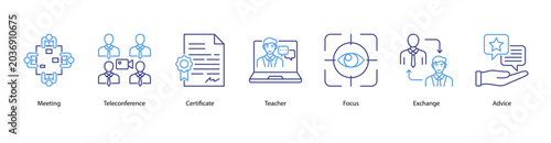 Foto Team Collaboration web banner icon vector illustration featuring Meeting, Teleconference, Certificate, Teacher, Focus, Exchange, and Advice for workplace productivity