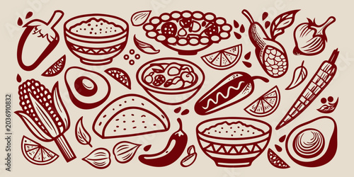 Foto Mexican Food Illustration Line Art Depicting Tacos Guacamole And Vegetables