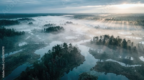Aerial view of a serene landscape with misty fog rolling over trees and winding rivers at sunrise.