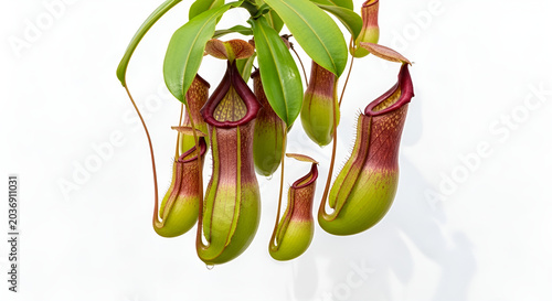 Realistic photo of pitcher plants with unique shapes, natural colors, green leaves, and exotic hanging pitchers.