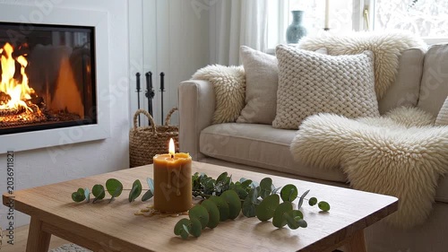 Cozy living room with a roaring fireplace, comfortable sofa, and a warm, inviting ambiance