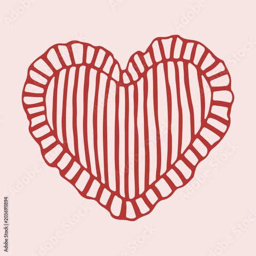 Hand drawn heart shaped pillow with ruffled edges and vertical red stripes. Romantic decorative cushion doodle for Valentines Day gift. Vector illustration for cozy bedroom interior design