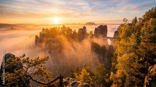 Sunrise over misty landscape with wooden frame leaning on a rocky wall amidst trees.