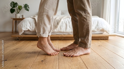 Close-up of a loving couple's bare feet standing intimately on a warm wooden bedroom floor, symbolizing togetherness and private moments at home