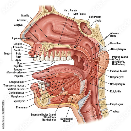 Cuadro en lienzo Sagittal section of human oral cavity and pharynx anatomy with larynx and saliva