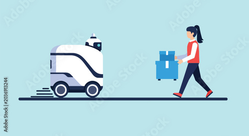 Modern autonomous delivery robot following a woman carrying packages, future logistics and automated courier technology illustration