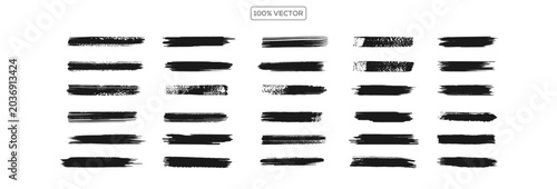 Set of bold dried brush strokes isolated on white, including grunge acrylic textures, hand-drawn thick lines, rectangles, banners