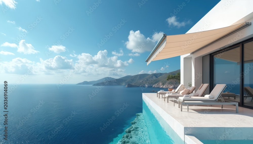 Fototapeta premium Luxury villa terrace with infinity pool overlooks blue ocean and mountains. Sun loungers on patio under awning. Peaceful seaside resort vacation home.