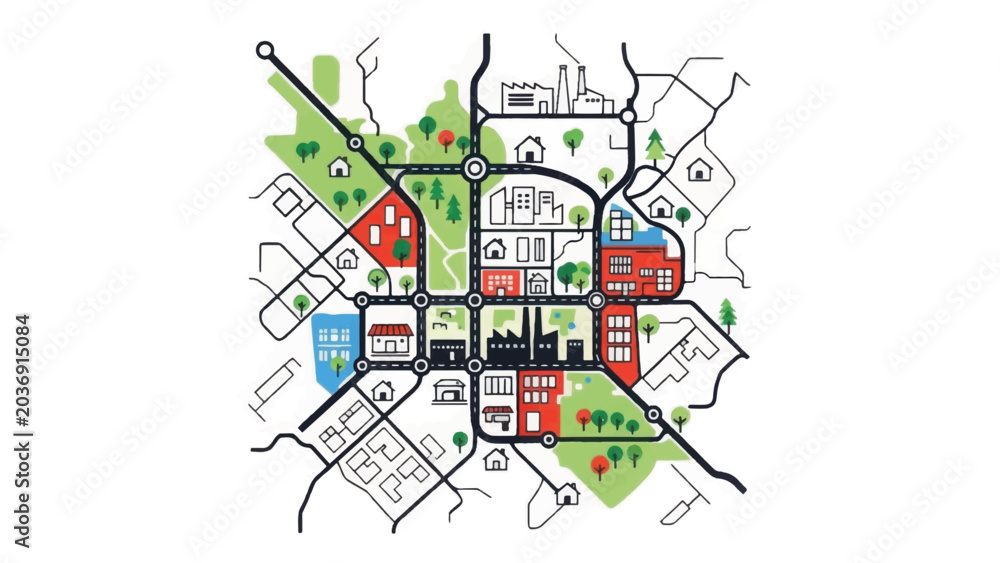 Fototapeta premium Stylized Urban Planning Map Illustration: City Layout, Road Network, Residential Zones, and Green Infrastructure