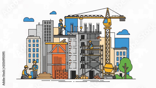 Urban Construction Site Illustration: Workers, Crane, and Building Development Sketch