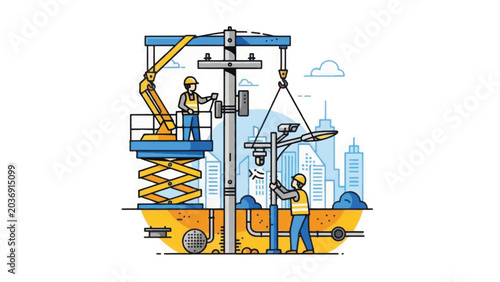 Electricians Installing Street Light Pole: Infrastructure Construction and Utility Maintenance Project with Workers, Crane, and Scissor Lift