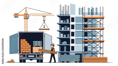 Urban Building Construction Logistics: Crane, Worker Unloading Materials from Delivery Truck at Development Site. Architectural Supply Chain Illustration.