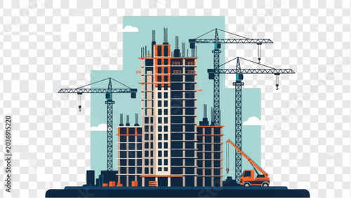 Modern High-Rise Building Under Construction with Tower Cranes. Urban Development and Architectural Engineering Flat Vector Illustration.