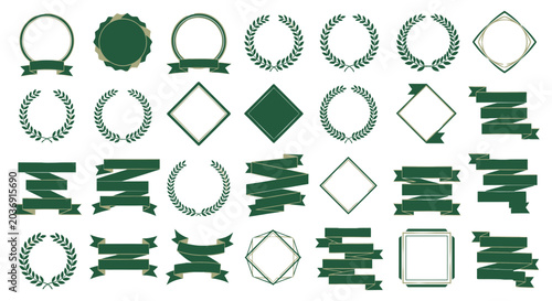 Green Ribbons and Laurel Wreaths Set: Award Seals, Badges, Frames, and Labels