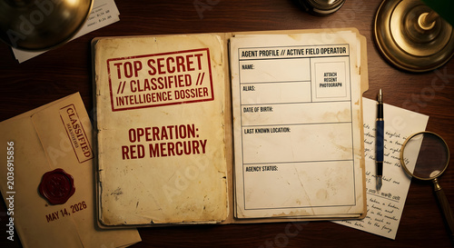 Open the top secret document with the blank agent profile placed on the wooden desk.