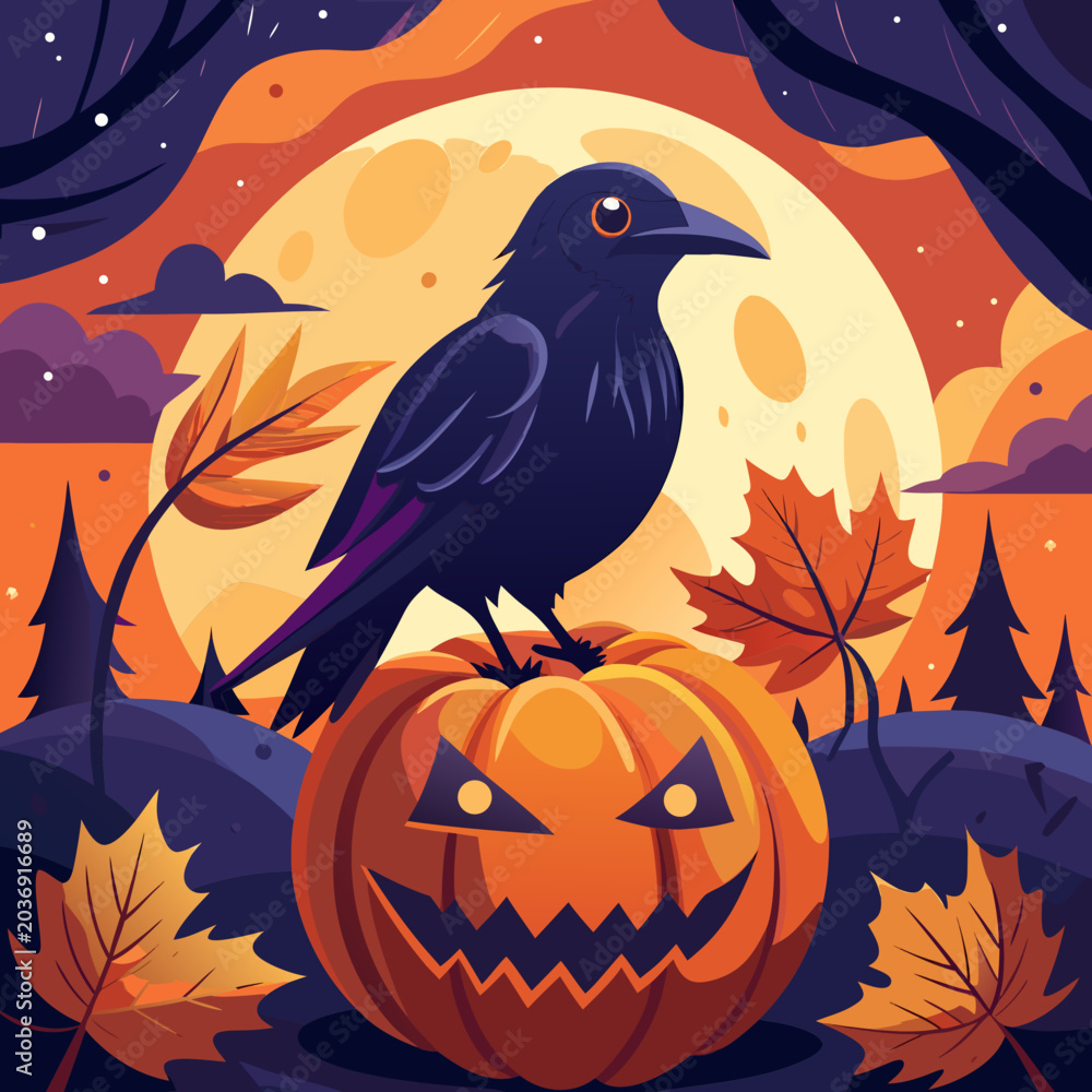 Naklejka premium Crow on a Halloween Pumpkin Under the Full Moon