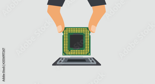 Hand holding a computer CPU microchip for installation or hardware upgrade on motherboard illustration