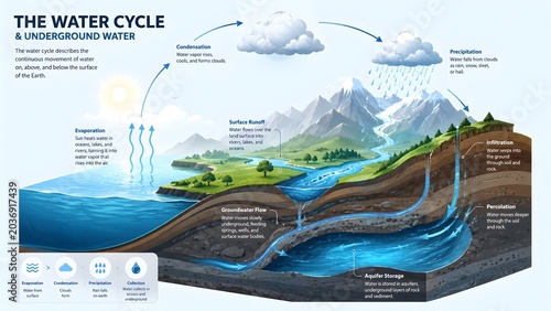 Water Cycle and Groundwater System Infographic – Modern Hydrology Education Concept