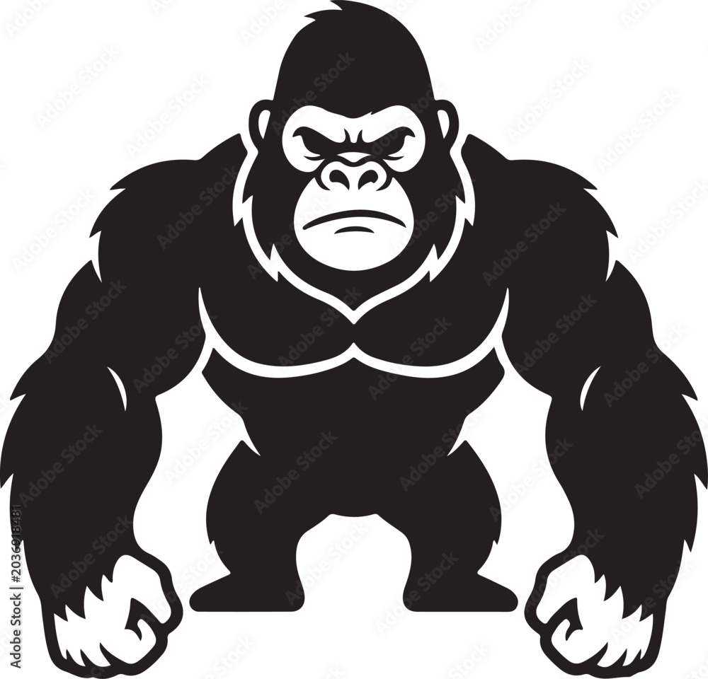 Naklejka premium Black silhouette of a muscular gorilla looking forward on vector illustration