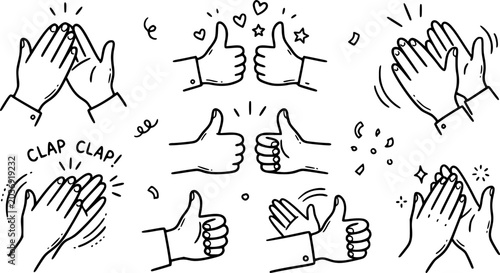 Clapping hands. non Colorful doodle hands clapping and giving thumbs up, appreciation and approval concept. Applause claps for celebration of success hand drawn vector illustration.
