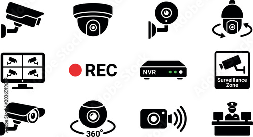 Security and Surveillance Icons Vector Illustration Set with Cameras, Dome Camera, 360 Camera, Monitor, Recording Indicator, NVR Device, Surveillance Zone Sign, Wireless Signal, and Security Officer f