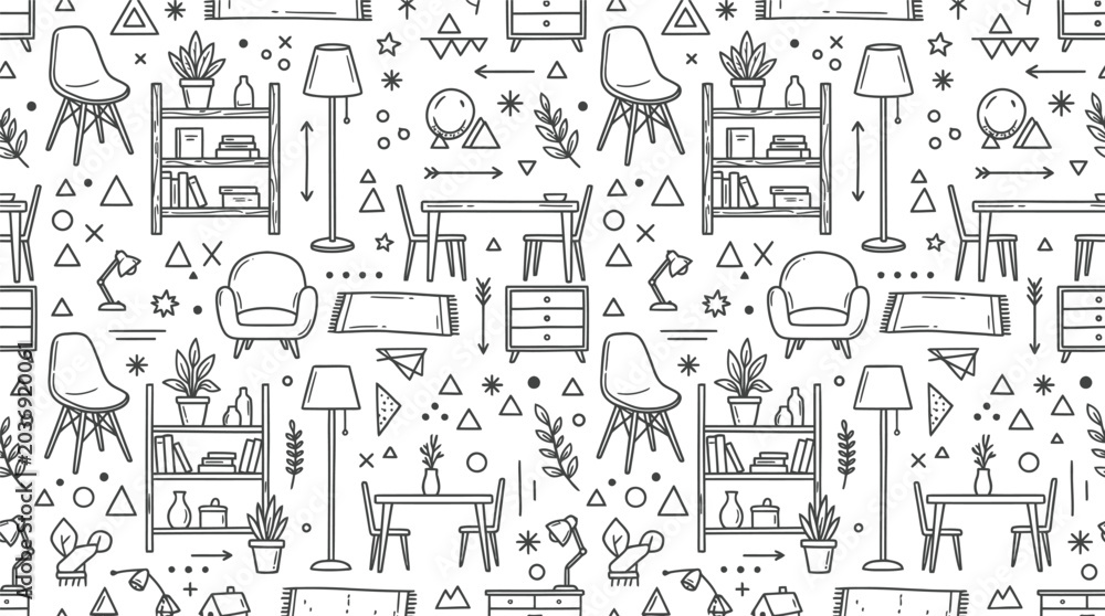 Naklejka premium Whimsical Black and White Doodle Pattern of Houses, Trees, and Lamps.