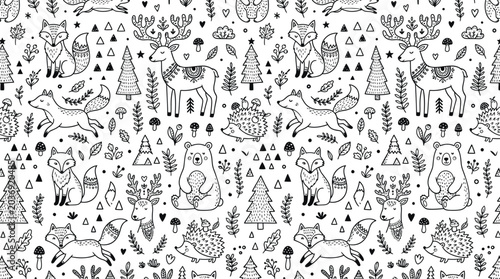 Tablou pe pânză Intricate black and white doodle pattern featuring woodland animals and trees