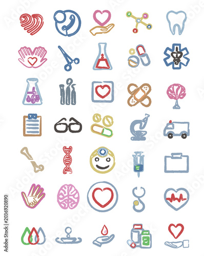 illustration of a   variety of health care medical  icon set design charcoal hand drawn stylized in pastel colors on isolated white background