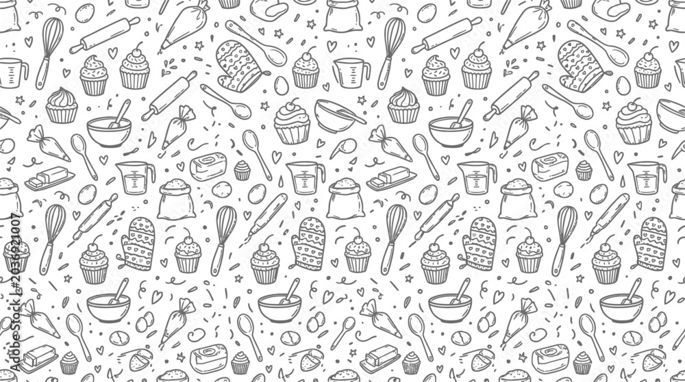 Fototapeta premium Monochrome seamless pattern featuring assorted drinkware and beverage containers for graphic design projects.
