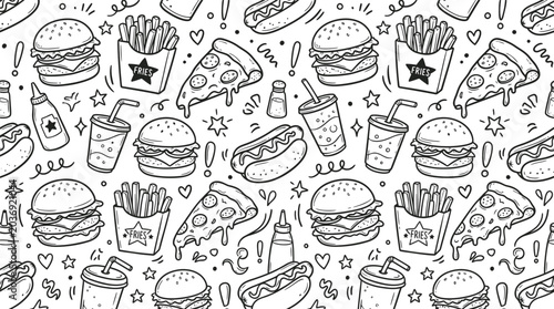 Playful monochrome doodle collage of fast food items including burgers, fries, pizza, and more in a seamless pattern.
