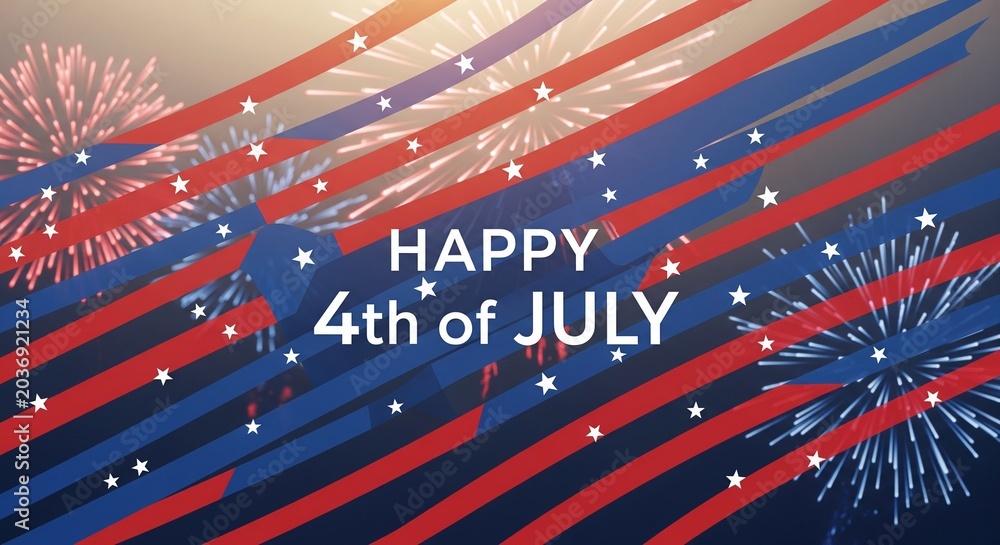 Fototapeta premium Happy 4th of July greeting with red white and blue stripes and stars overlaying fireworks display in a festive patriotic celebration graphic design