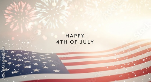 American flag waving with fireworks and stars in the background, celebrating Independence Day with a festive and patriotic atmosphere, bright and celebratory mood.