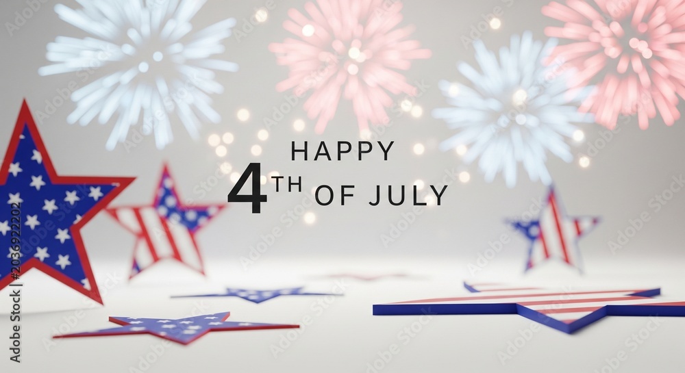 Obraz premium Happy 4th of July patriotic stars and fireworks celebration graphic with American flag motifs and bokeh lights in a festive holiday theme, abstract background.